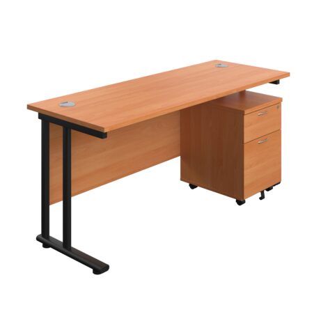 Twin upright rectangular desk in beech with black frame, paired with a mobile two-drawer pedestal. Dimensions 1600 x 600 mm.