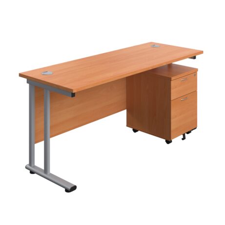 Twin upright rectangular desk with beech top and silver frame, paired with a mobile 2-drawer pedestal.