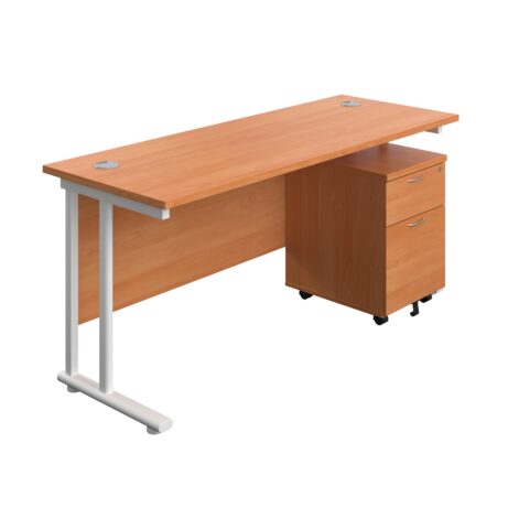 Twin upright rectangular desk with beech top and white frame, featuring a mobile 2-drawer pedestal.