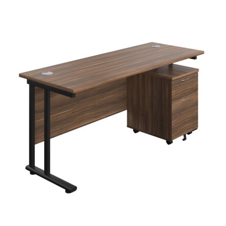 Twin Upright Rectangular Desk with Mobile 2 Drawer Pedestal, Dark Walnut top and Black frame, dimensions 1600x600.