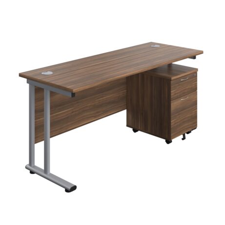 Twin Upright Rectangular Desk in Dark Walnut with Silver frame and Mobile 2 Drawer Pedestal, dimensions 1600 x 600.