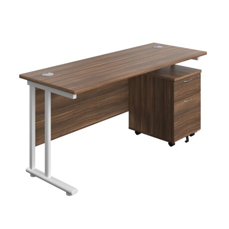 Twin Upright Rectangular Desk in Dark Walnut with White frame and mobile 2 Drawer Pedestal. Desk dimensions: 1600 x 600.