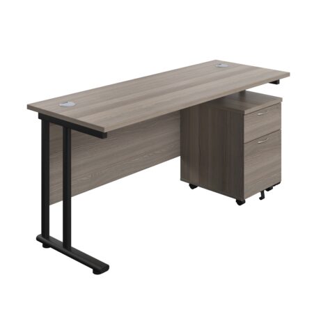 Twin Upright Rectangular Desk with Grey Oak top and Black frame, featuring a Mobile 2 Drawer Pedestal. Dimensions 1600 X 600.
