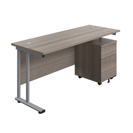 Twin Upright Rectangular Desk in Grey Oak with Silver frame and Mobile 2 Drawer Pedestal, dimensions 1600 x 600.