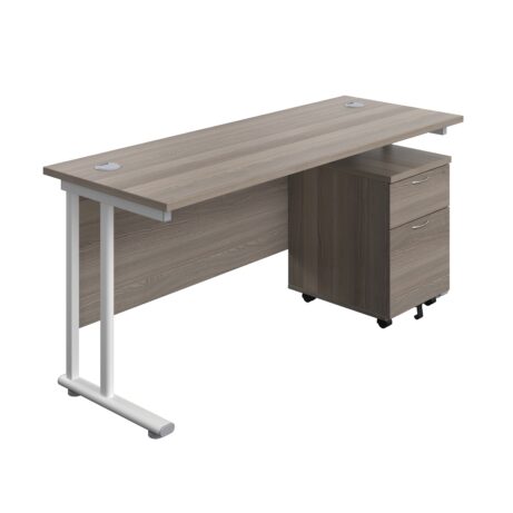 Twin Upright Rectangular Desk in Grey Oak with White frame and Mobile 2 Drawer Pedestal. Dimensions: 1600 x 600 mm.