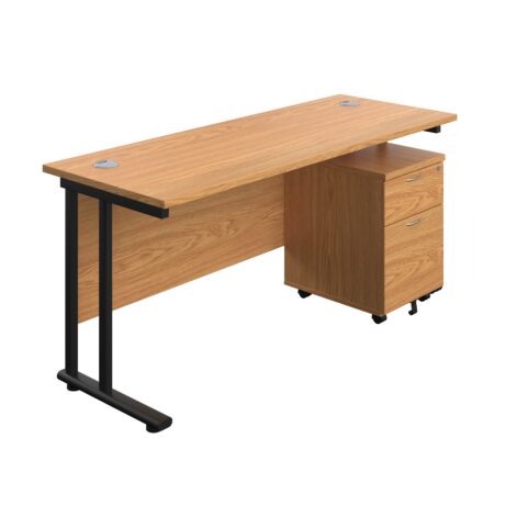 Twin upright rectangular desk in Nova Oak with black frame and mobile 2 drawer pedestal. Dimensions: 1600 x 600 mm.