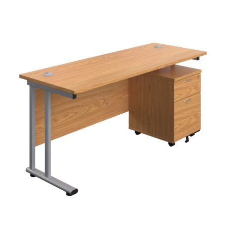 Twin Upright Rectangular Desk in Nova Oak with Silver frame and Mobile 2 Drawer Pedestal. Dimensions: 1600 x 600 mm.