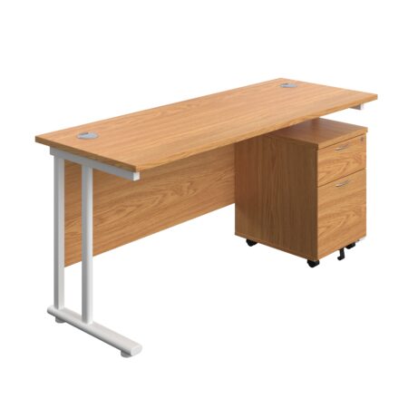 Twin upright rectangular desk with Nova Oak top and white frame, paired with a mobile 2-drawer pedestal.