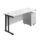 Twin upright rectangular desk with a white top and black frame, paired with a mobile two-drawer pedestal in white.