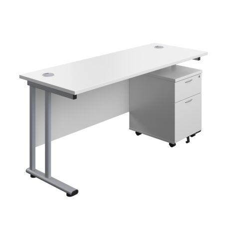 Twin Upright Rectangular Desk with white top and silver frame, paired with a mobile 2-drawer pedestal. Dimensions: 1600 x 600.