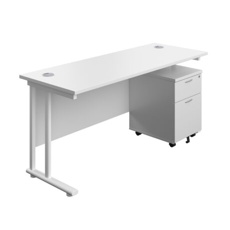 Twin upright rectangular desk with white top and frame, paired with mobile two-drawer pedestal in white finish.
