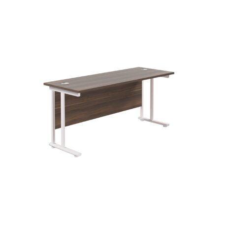 Twin Upright Rectangular Desk, 1600mm x 600mm, dark walnut top with white frame, FSC certified.