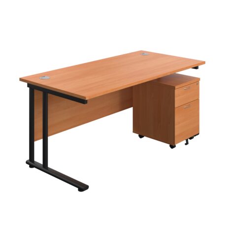 Twin upright rectangular desk with beech top, black frame, and mobile 2-drawer pedestal. Dimensions: 1600 x 800 mm.