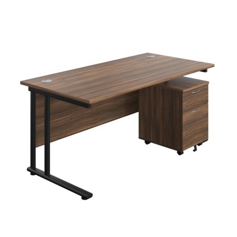 Twin upright rectangular desk with dark walnut top, black frame, and mobile two-drawer pedestal. Dimensions: 1600 x 800 mm.