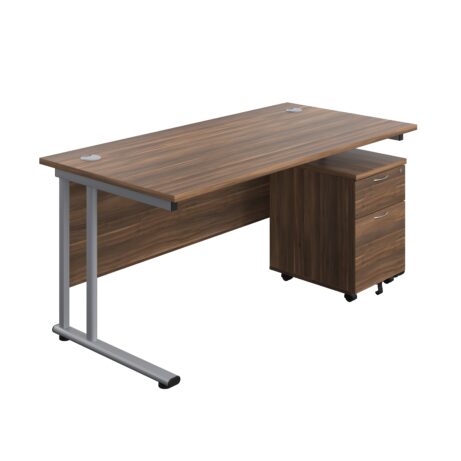 Twin upright rectangular desk with dark walnut top and silver frame, featuring a mobile 2-drawer pedestal.