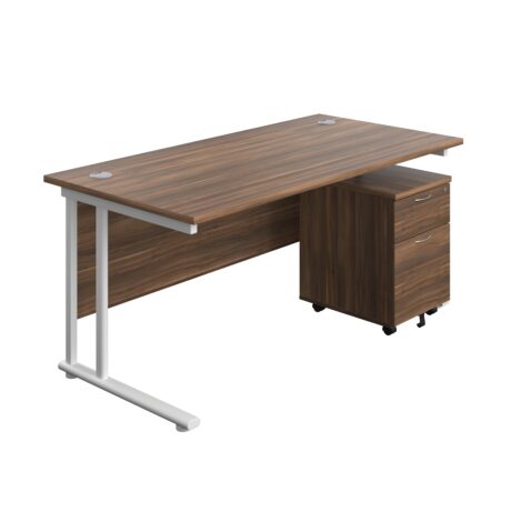 Twin Upright Rectangular Desk in Dark Walnut with Mobile 2 Drawer Pedestal and White Frame, dimensions 1600 x 800 mm.