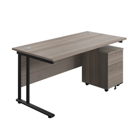 Twin upright rectangular desk with grey oak top and black frame, paired with mobile 2-drawer pedestal. Dimensions: 1600 x 800.