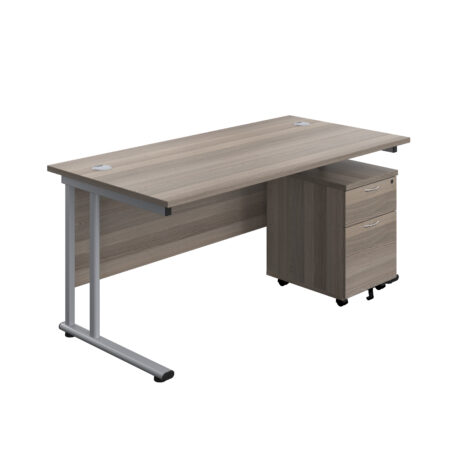 Twin Upright Rectangular Desk in Grey Oak with Silver Frame and Mobile 2 Drawer Pedestal, dimensions 1600x800mm.