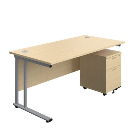 Twin Upright Rectangular Desk with Maple top, Silver frame, and Mobile 2 Drawer Pedestal. Dimensions: 1600 x 800 mm.