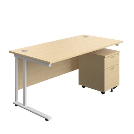 Twin Upright Rectangular Desk in Maple with White frame and Mobile 2 Drawer Pedestal. Desk dimensions: 1600x800mm.