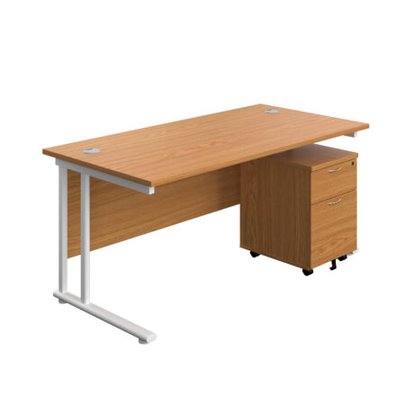 Twin upright rectangular desk in Nova Oak with white frame, paired with a mobile 2-drawer pedestal. Dimensions: 1600x800.