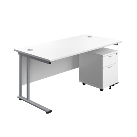 Twin upright rectangular desk with white top and silver frame, paired with mobile 2-drawer pedestal. Dimensions: 1600 x 800 mm.