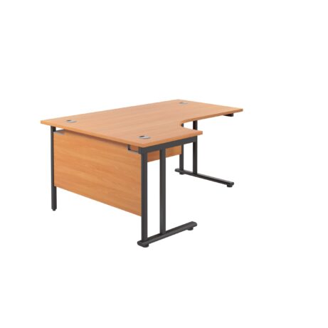Twin Upright Left Hand Radial Desk, beech top, black frame, dimensions 1800 x 1200 mm, FSC certified.