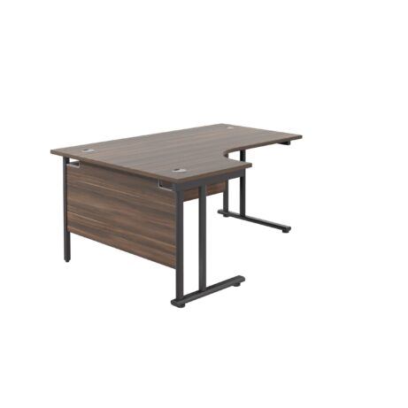 Twin Upright Left Hand Radial Desk, dark walnut top, black frame, dimensions 1800 x 1200 mm. FSC certified.