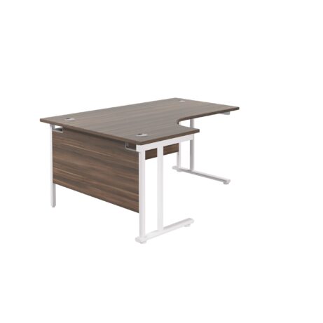 Twin Upright Left Hand Radial Desk, dark walnut top, white frame, dimensions 1800 x 1200 mm. FSC certified.