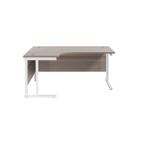 Twin Upright Left Hand Radial Desk, grey oak top with white frame, dimensions 1800 x 1200 mm. FSC certified.