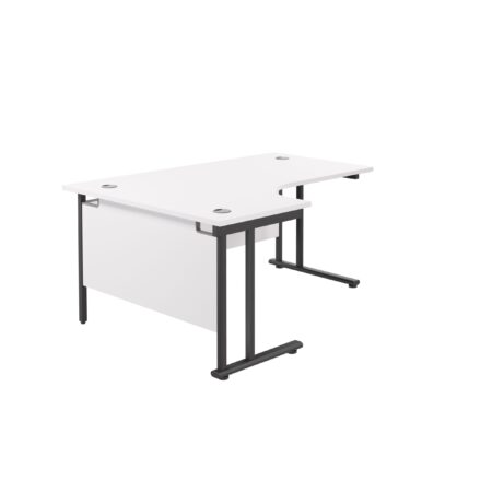 Twin Upright Left Hand Radial Desk with white top and black frame, dimensions 1800 x 1200mm. FSC certified.