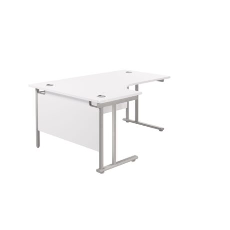 Twin Upright Left Hand Radial Desk, 1800x1200mm white top, silver frame, FSC certified. Ideal for modern office spaces.