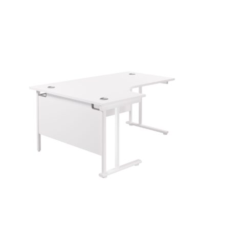 Twin Upright Left Hand Radial Desk, 1800x1200mm, white desk top and frame, FSC certified.