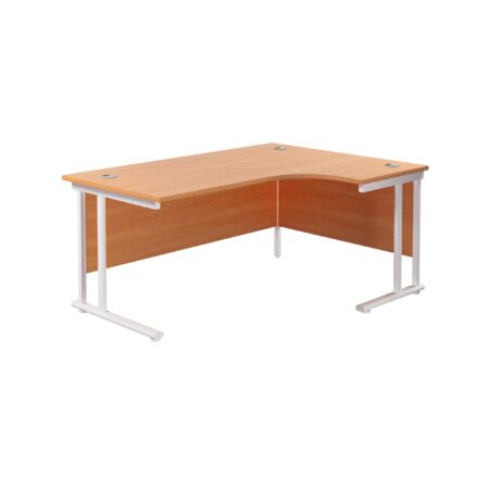 Twin Upright Right Hand Radial Desk, beech desk top (1800x1200), white frame, FSC certified.