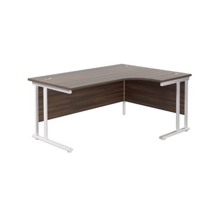 Twin Upright Right Hand Radial Desk, dark walnut top, white frame, dimensions 1800 x 1200mm, FSC certified.