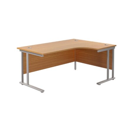 Twin Upright Right Hand Radial Desk, Nova Oak top, silver frame, dimensions 1800 x 1200 mm. FSC certified.