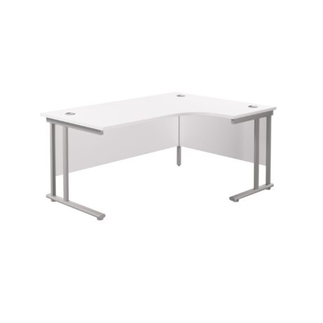 Twin Upright Right Hand Radial Desk, white desk top 1800x1200mm, silver frame, FSC certified.