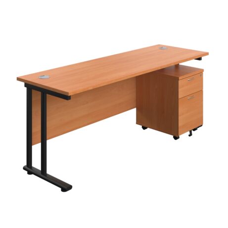 Twin upright rectangular desk with beech top and black frame, includes a mobile 2-drawer pedestal. Dimensions: 1800 x 600 mm.