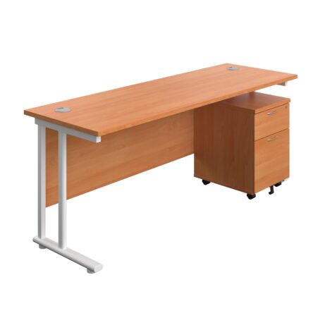 Twin upright rectangular desk with beech top and white frame, features mobile 2-drawer pedestal. Dimensions: 1800 x 600 mm.