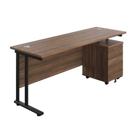 Twin Upright Rectangular Desk in Dark Walnut with Mobile 2 Drawer Pedestal, Black frame, dimensions 1800 x 600 mm.