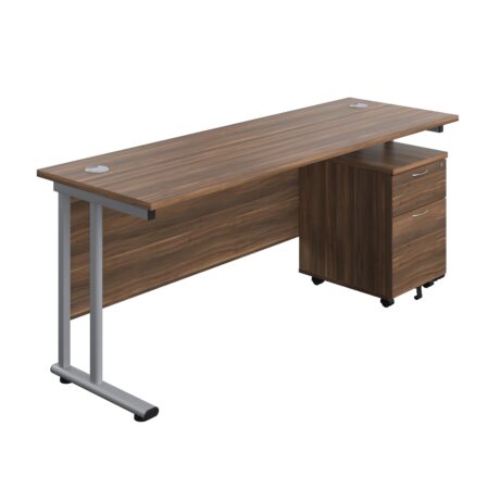 Twin upright rectangular desk in dark walnut with silver frame and mobile 2-drawer pedestal. Dimensions: 1800x600mm.