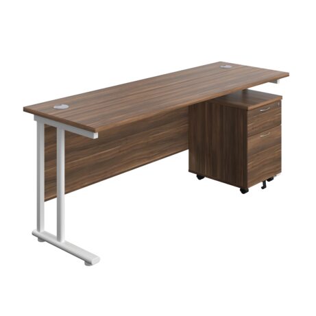 Twin upright rectangular desk with dark walnut top and white frame, featuring a mobile 2-drawer pedestal.