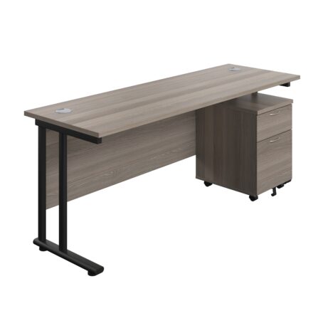 Twin Upright Rectangular Desk with Grey Oak top and Black frame, featuring a Mobile 2 Drawer Pedestal. Dimensions: 1800 x 600.