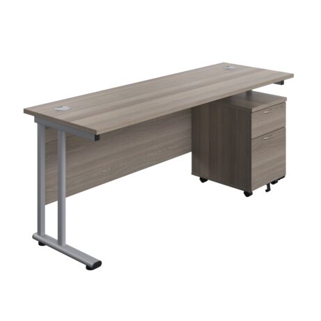Twin Upright Rectangular Desk in Grey Oak with Silver frame and Mobile 2 Drawer Pedestal, dimensions 1800x600.