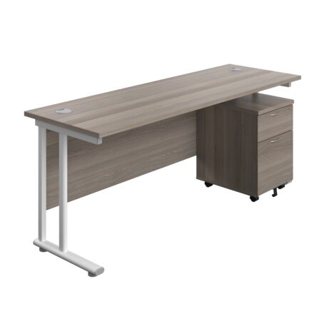 Twin upright rectangular desk with grey oak top and white frame, featuring a mobile two-drawer pedestal.