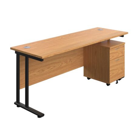 Twin upright rectangular desk in Nova Oak, 1800x600, with black frame and mobile 2-drawer pedestal.