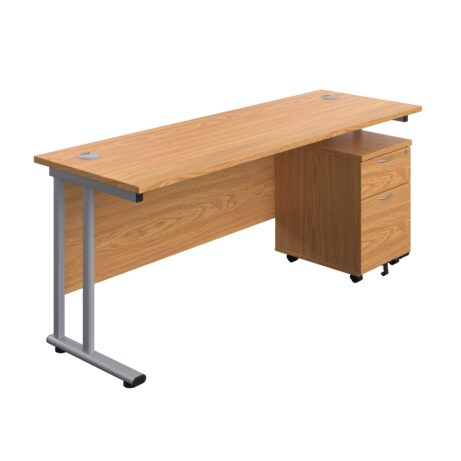 Twin Upright Rectangular Desk in Nova Oak with Silver Frame and Mobile 2 Drawer Pedestal, dimensions 1800 x 600.