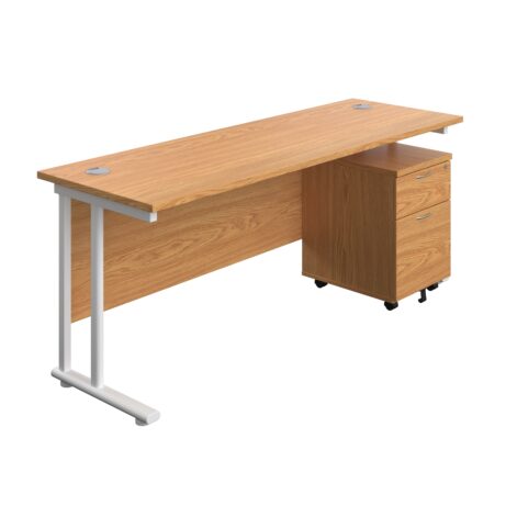 Twin Upright Rectangular Desk in Nova Oak with white frame and mobile 2-drawer pedestal. Dimensions: 1800 x 600 mm.