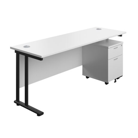 Twin Upright Rectangular Desk with white top and black frame, includes mobile 2-drawer pedestal. Dimensions 1800 x 600.