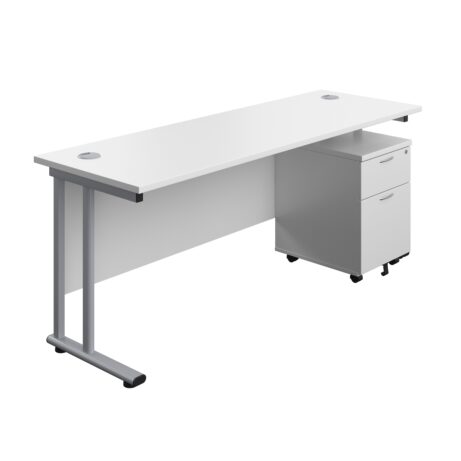 Twin Upright Rectangular Desk with white top and silver frame, paired with a mobile 2 drawer pedestal. Dimensions: 1800 x 600.